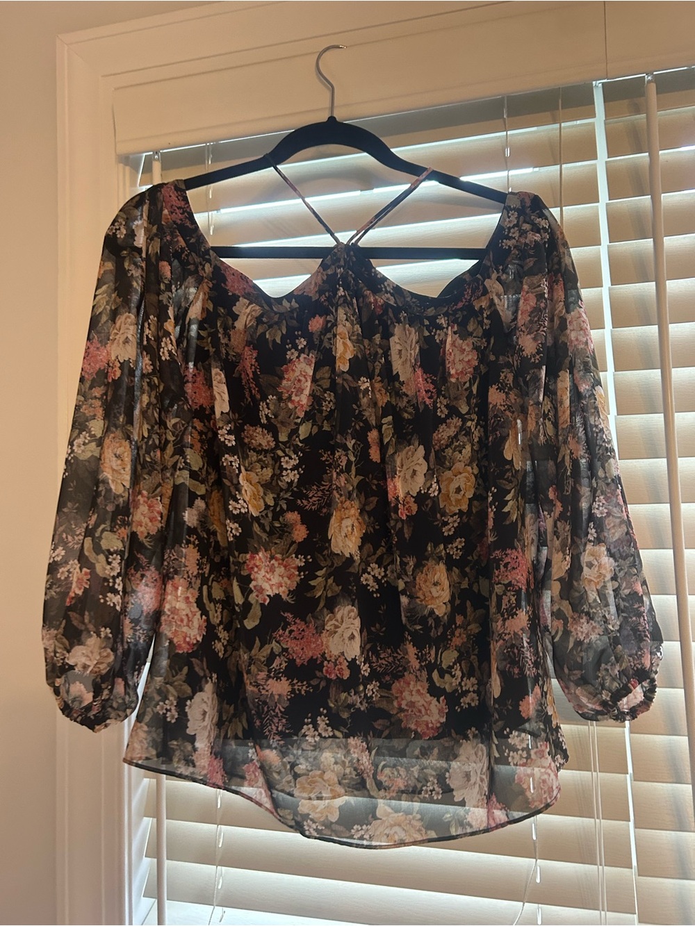Bailey 44 Black Sheer Floral Off-Shoulder Blouse with Pink and Cream Flowers